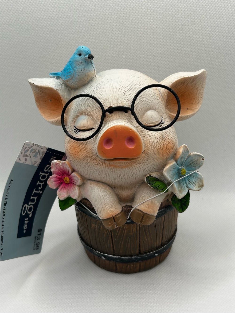Adorable Pig with Glasses & Blue Bird Farmhouse Decor Figurine NWT